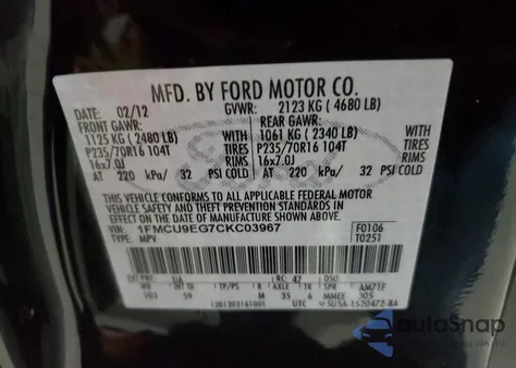 2012 Ford Escape Limited z USA, uszkodzony, nr VIN 1FMCU9EG7CKC03967